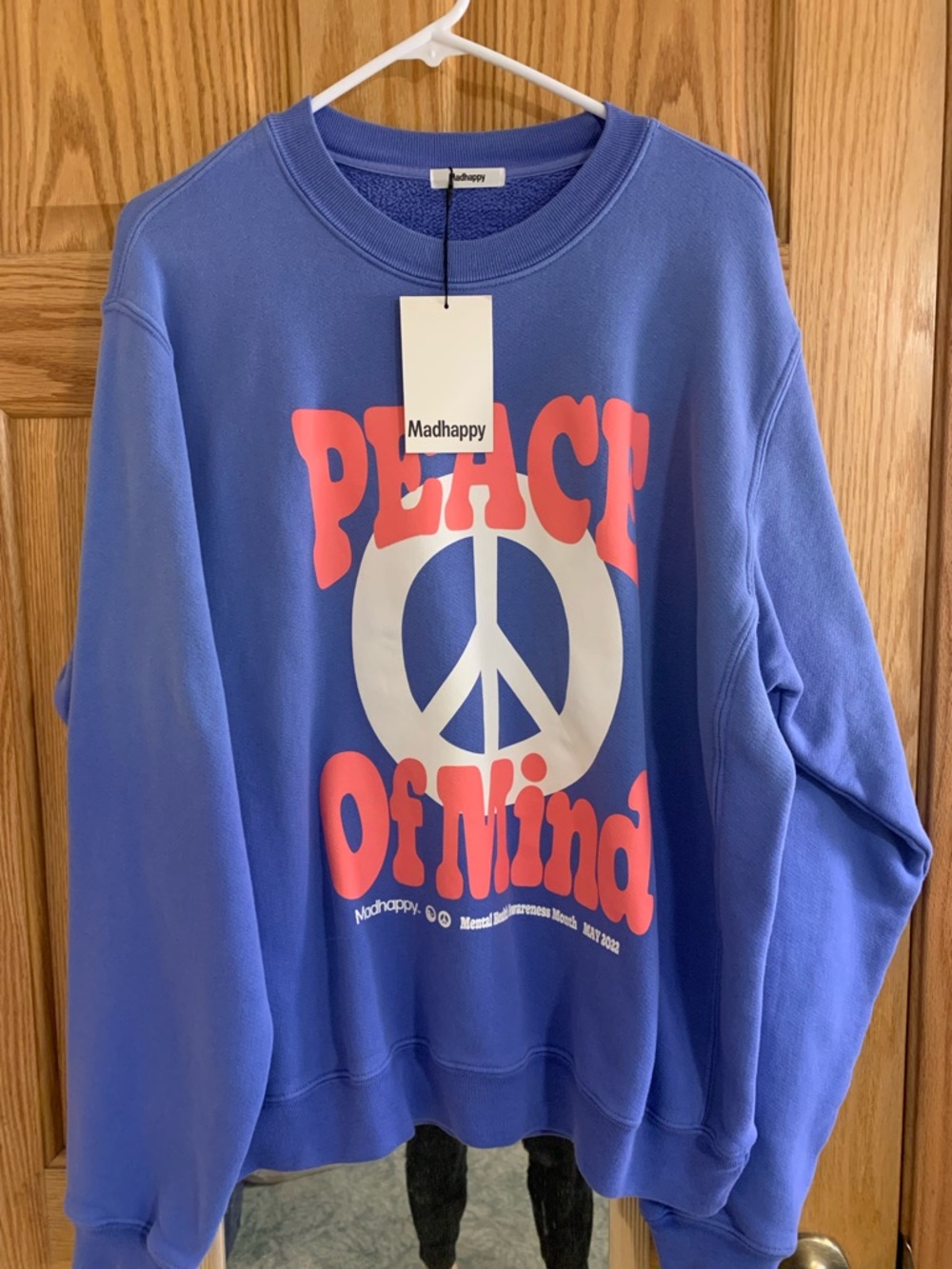 Madhappy Lavender Crewneck with Coral Pink and White Peace Graphic